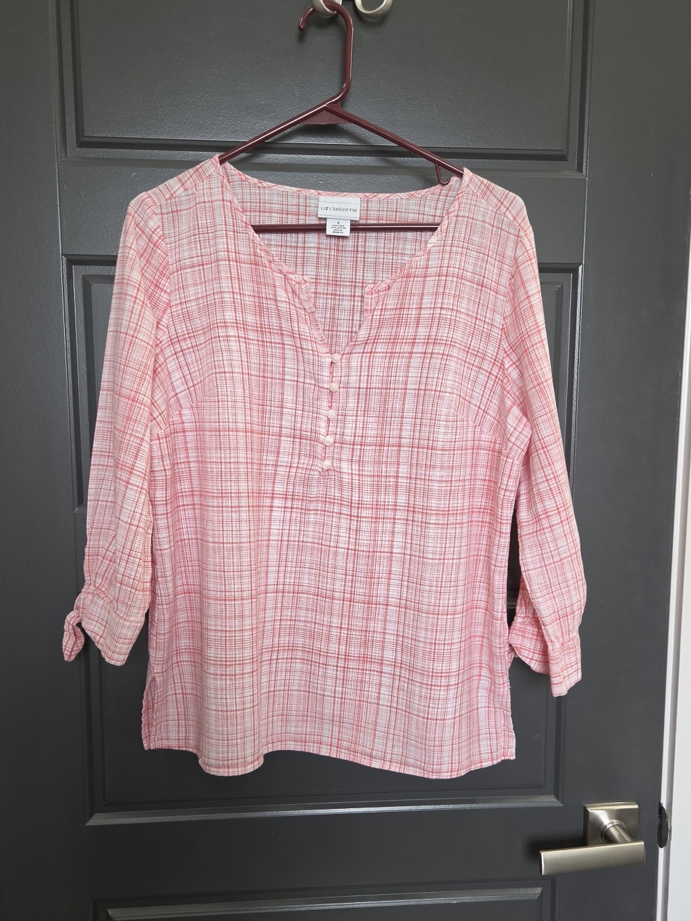 Liz Claiborne Coral/Pink Plaid Button-Front Tunic